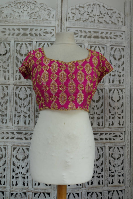 Hot Pink Brocade Silk Zardosi Sari Blouse - UK 14/EU 40 - Preloved