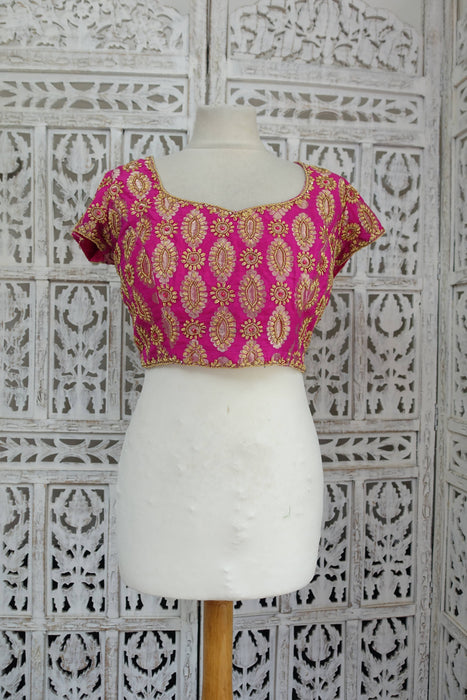 Hot Pink Brocade Silk Zardosi Sari Blouse - UK 14/EU 40 - Preloved