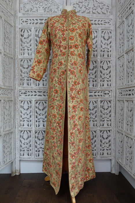 Peach Raw Silk Long Embellished Jacket - UK 12 / EU 38 - Preloved