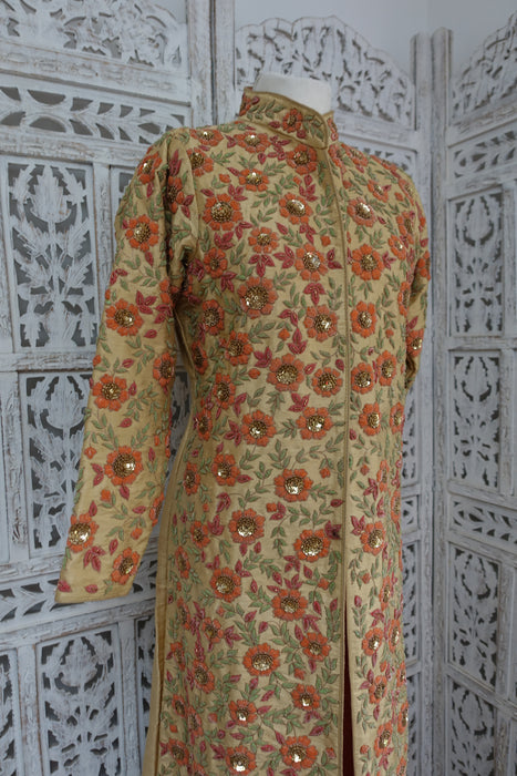 Peach Raw Silk Long Embellished Jacket - UK 12 / EU 38 - Preloved