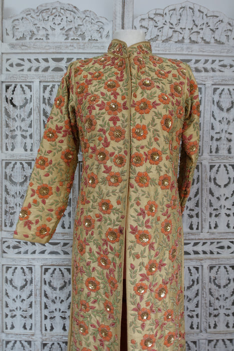 Peach Raw Silk Long Embellished Jacket - UK 12 / EU 38 - Preloved