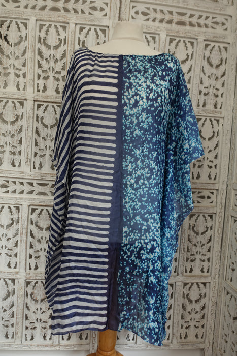 Blue Stripe Printed Pure Silk Kaftan / Beach Cover Up - New