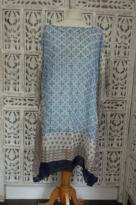 Blue And Beige Printed Pure Silk Kaftan / Beach Cover Up - New