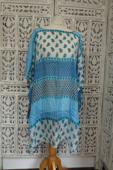 Blue Printed Pure Silk Kaftan/Beach Cover Up - New