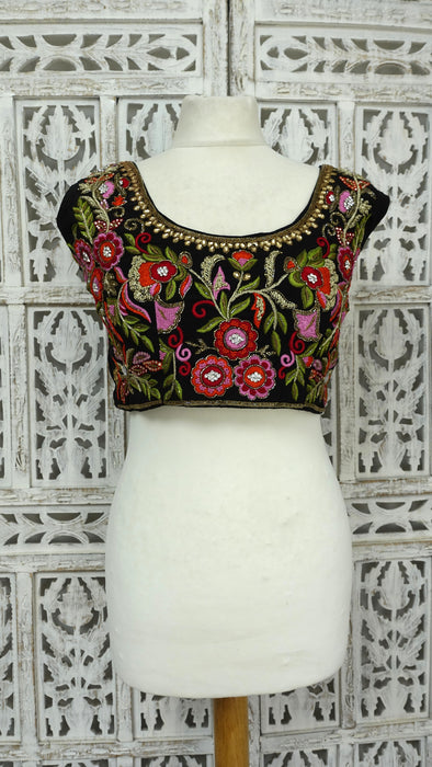 Black Silk Embelished Blouse - To Fit Bust 38 - Preloved