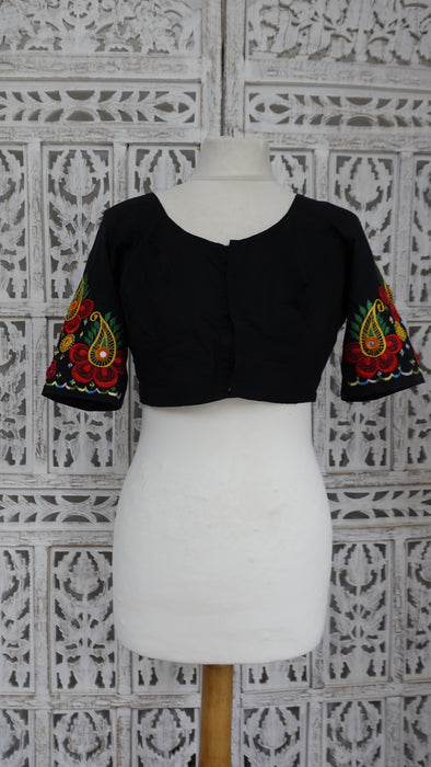 Vintage Hand-Embroidered Black Cotton Blouse - To Fit Bust 38" - Preloved
