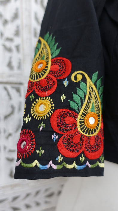 Vintage Hand-Embroidered Black Cotton Blouse - To Fit Bust 38" - Preloved