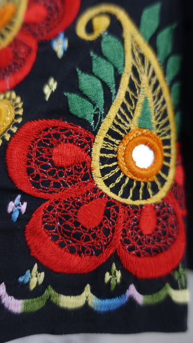 Vintage Hand-Embroidered Black Cotton Blouse - To Fit Bust 38" - Preloved