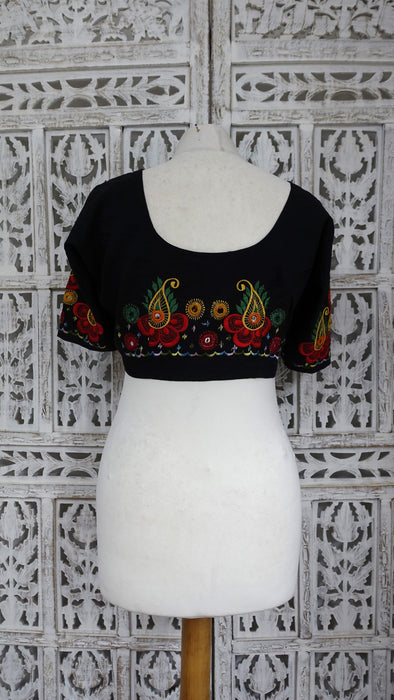 Vintage Hand-Embroidered Black Cotton Blouse - To Fit Bust 38" - Preloved