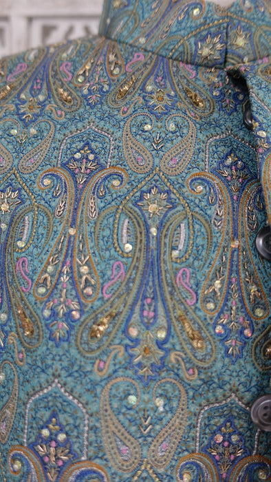 Men's Light Blue Brocade Embellished Sherwani Size 42 - Preloved