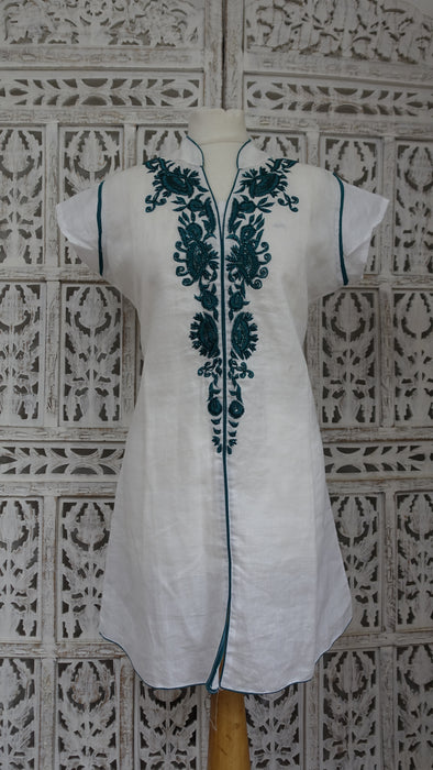 White Linen With Jade Beaded Embroidered Tunic - UK 14/EU 40 - New