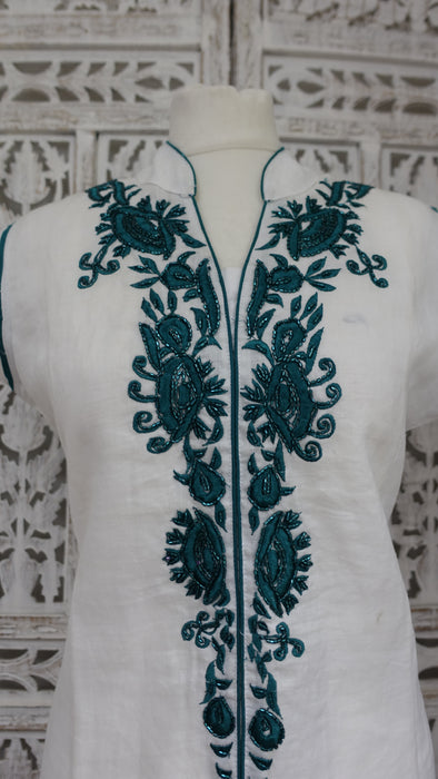White Linen With Jade Beaded Embroidered Tunic - UK 14/EU 40 - New