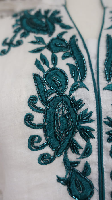 White Linen With Jade Beaded Embroidered Tunic - UK 14/EU 40 - New
