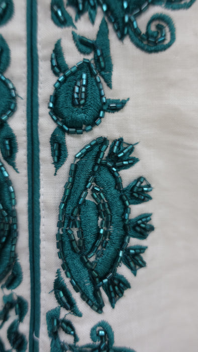 White Linen With Jade Beaded Embroidered Tunic - UK 14/EU 40 - New