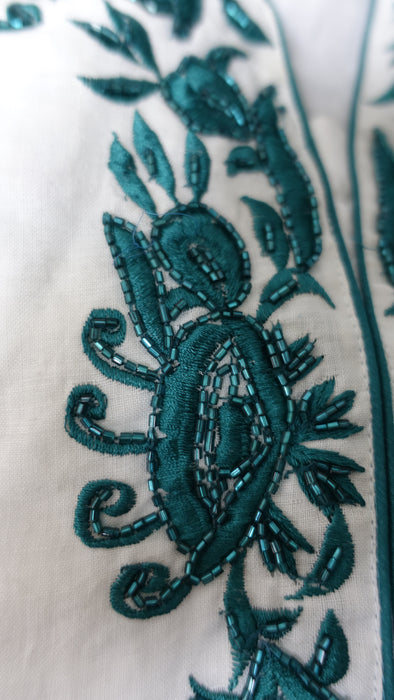 White Linen With Jade Beaded Embroidered Tunic - UK 14/EU 40 - New