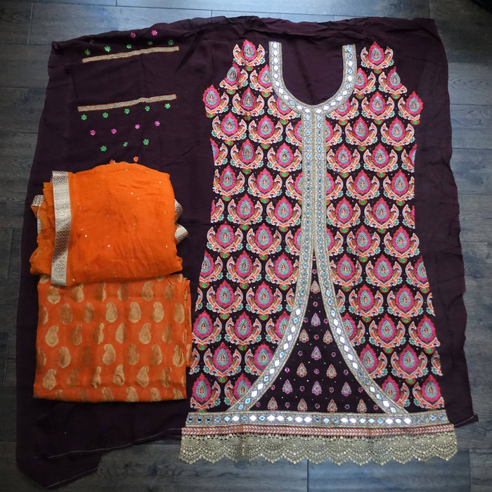 Aubergine And Orange Mirror Chiffon Unstitched Suit- New