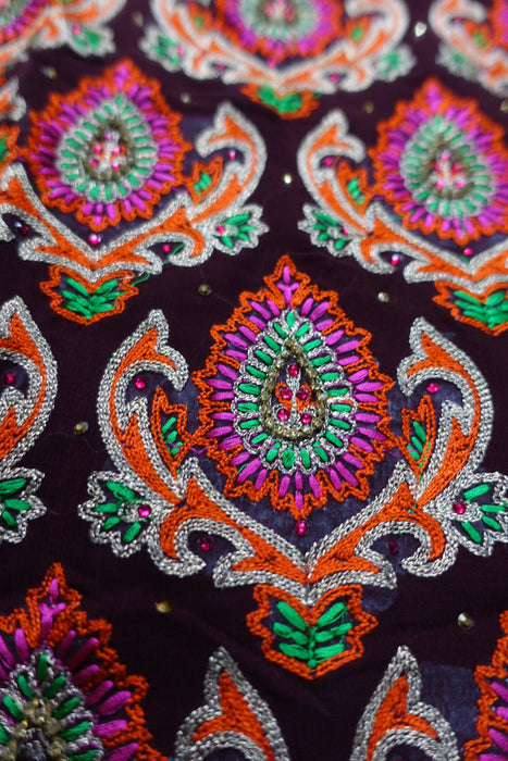 Aubergine And Orange Mirror Chiffon Unstitched Suit- New