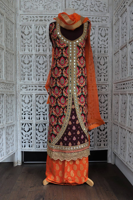 Aubergine And Orange Mirror Chiffon Unstitched Suit- New