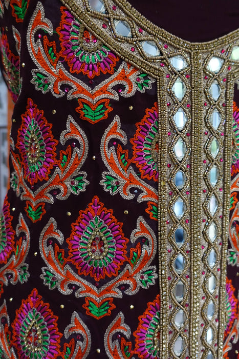 Aubergine And Orange Mirror Chiffon Unstitched Suit- New