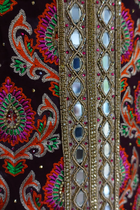 Aubergine And Orange Mirror Chiffon Unstitched Suit- New