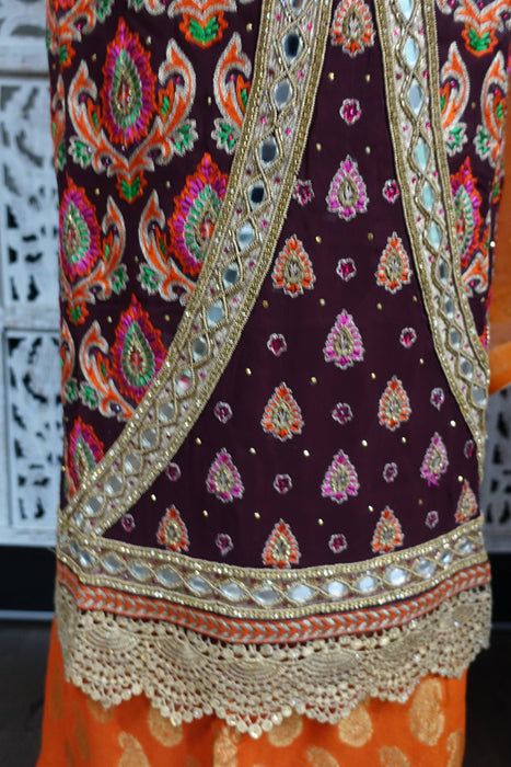 Aubergine And Orange Mirror Chiffon Unstitched Suit- New