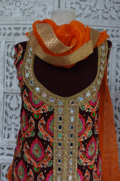 Aubergine And Orange Mirror Chiffon Unstitched Suit- New