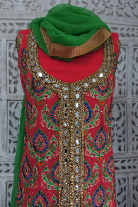 Coral & Green Mirror Chiffon Unstitched Suit - New