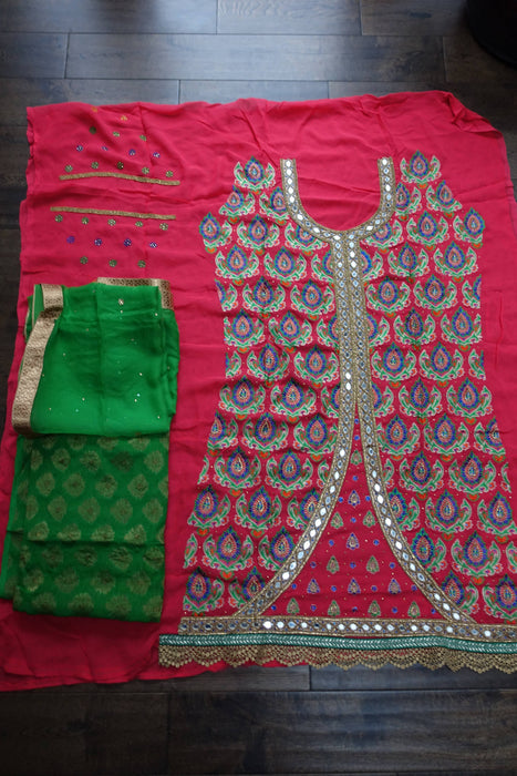Coral & Green Mirror Chiffon Unstitched Suit - New