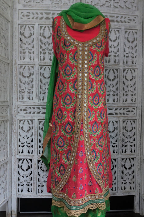 Coral & Green Mirror Chiffon Unstitched Suit - New
