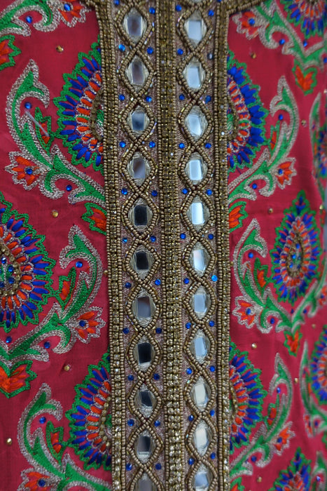 Coral & Green Mirror Chiffon Unstitched Suit - New