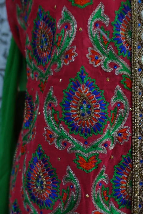 Coral & Green Mirror Chiffon Unstitched Suit - New