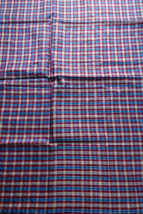 Red Blue Gold Chequered Vintage Pure Pure Raw Silk Fabric - New