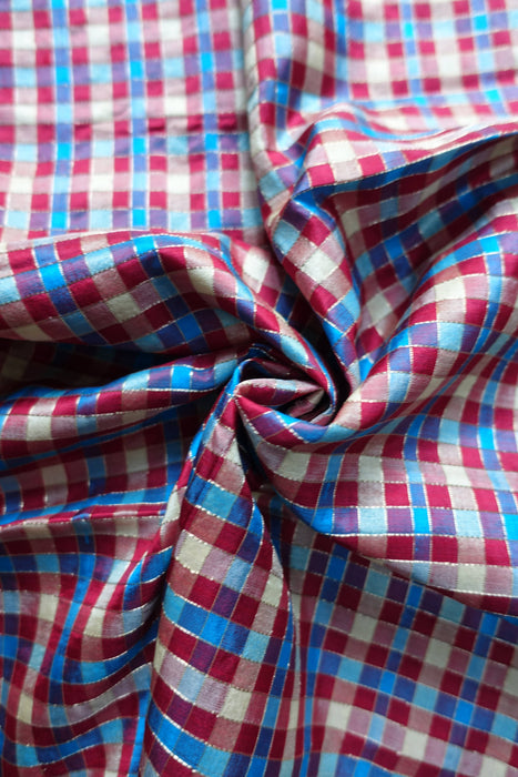 Red Blue Gold Chequered Vintage Pure Pure Raw Silk Fabric - New
