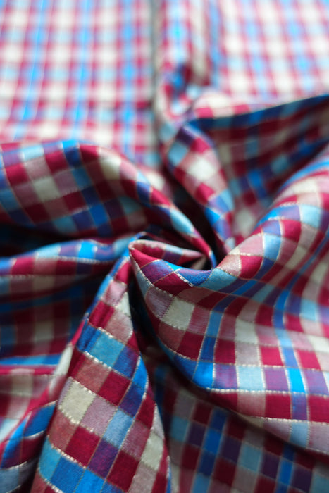 Red Blue Gold Chequered Vintage Pure Pure Raw Silk Fabric - New