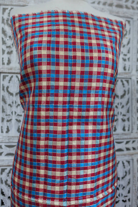 Red Blue Gold Chequered Vintage Pure Pure Raw Silk Fabric - New