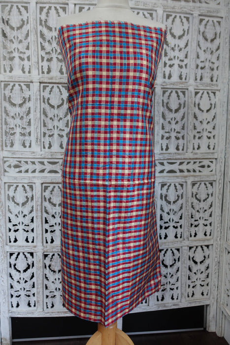 Red Blue Gold Chequered Vintage Pure Pure Raw Silk Fabric - New