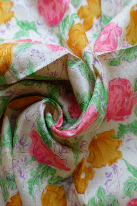 Pastel Floral Raw Silk Vintage Fabric - New