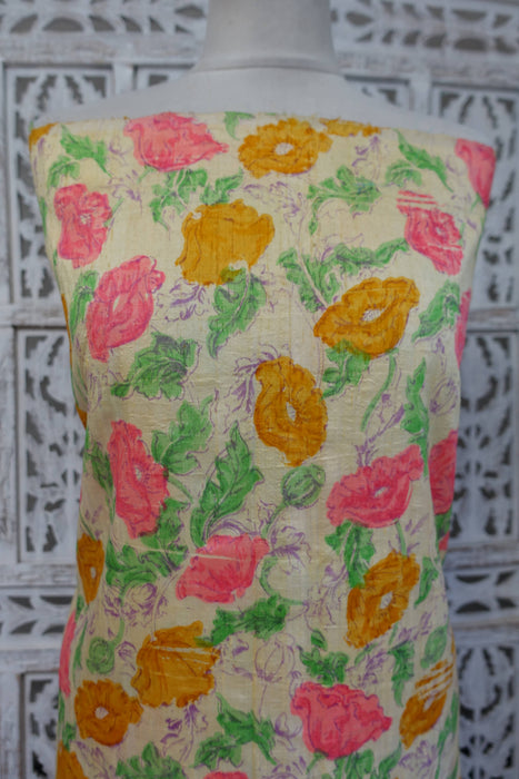 Pastel Floral Raw Silk Vintage Fabric - New