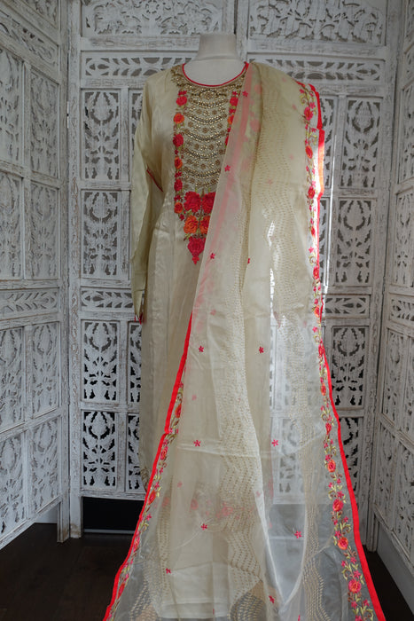 Cream Chanderi Silk Embroidered With Lining And Organza Dupatta -New