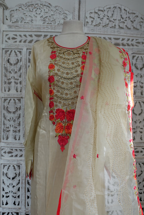 Cream Chanderi Silk Embroidered With Lining And Organza Dupatta -New
