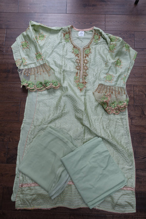 Light Green Cotton Semi-Stitched Suit - New
