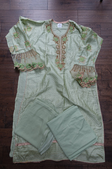 Light Green Cotton Semi-Stitched Suit - New
