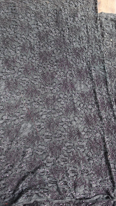 Black Net Embroidered Heavy Beaded Fabric - New