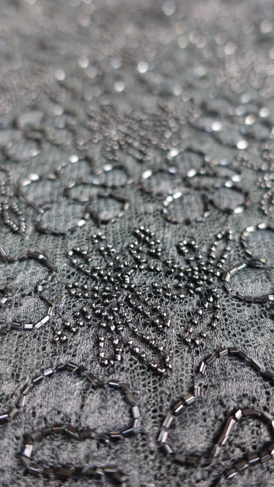 Black Net Embroidered Heavy Beaded Fabric - New