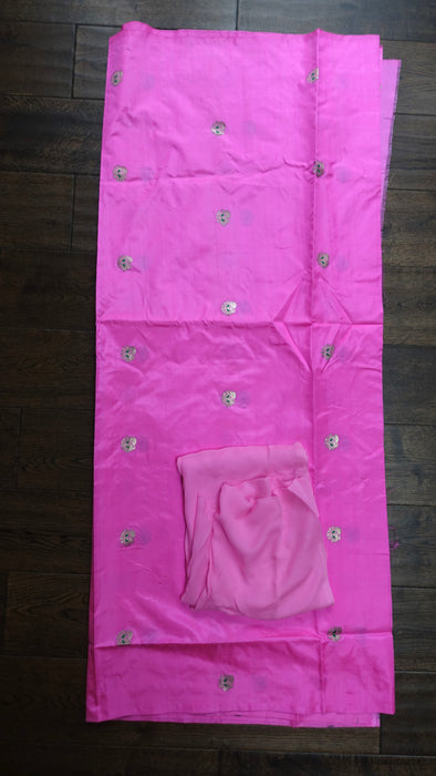 Bright Pink Banarsi Buta Pure Silk With Plain Chiffon Dupatta - New