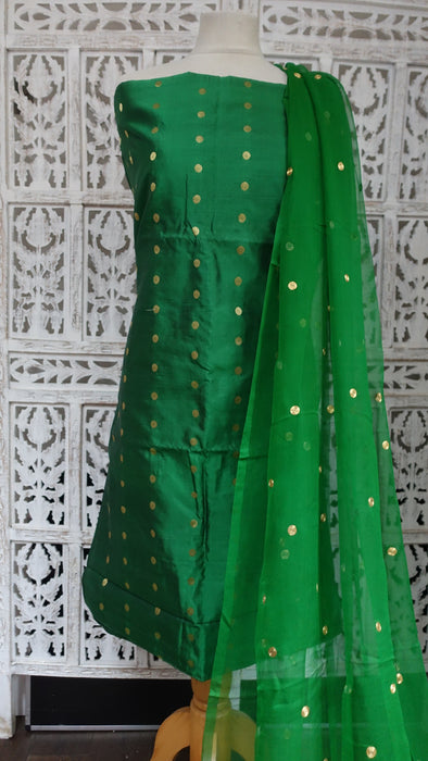 Green Vintage Silk Blend With Silk Chiffon Dupatta - New