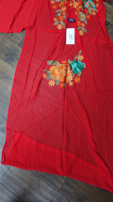 Red Chiffon Embroidered Kameez With Green Salwar - New