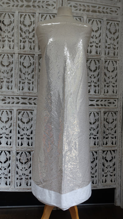 Silver White Sequinned Jersey Stretch Fabric