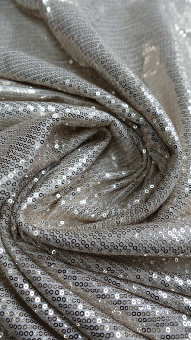 Silver White Sequinned Jersey Stretch Fabric