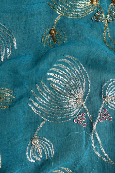Blue Pure Silk Suit With Embellished Dupatta - New